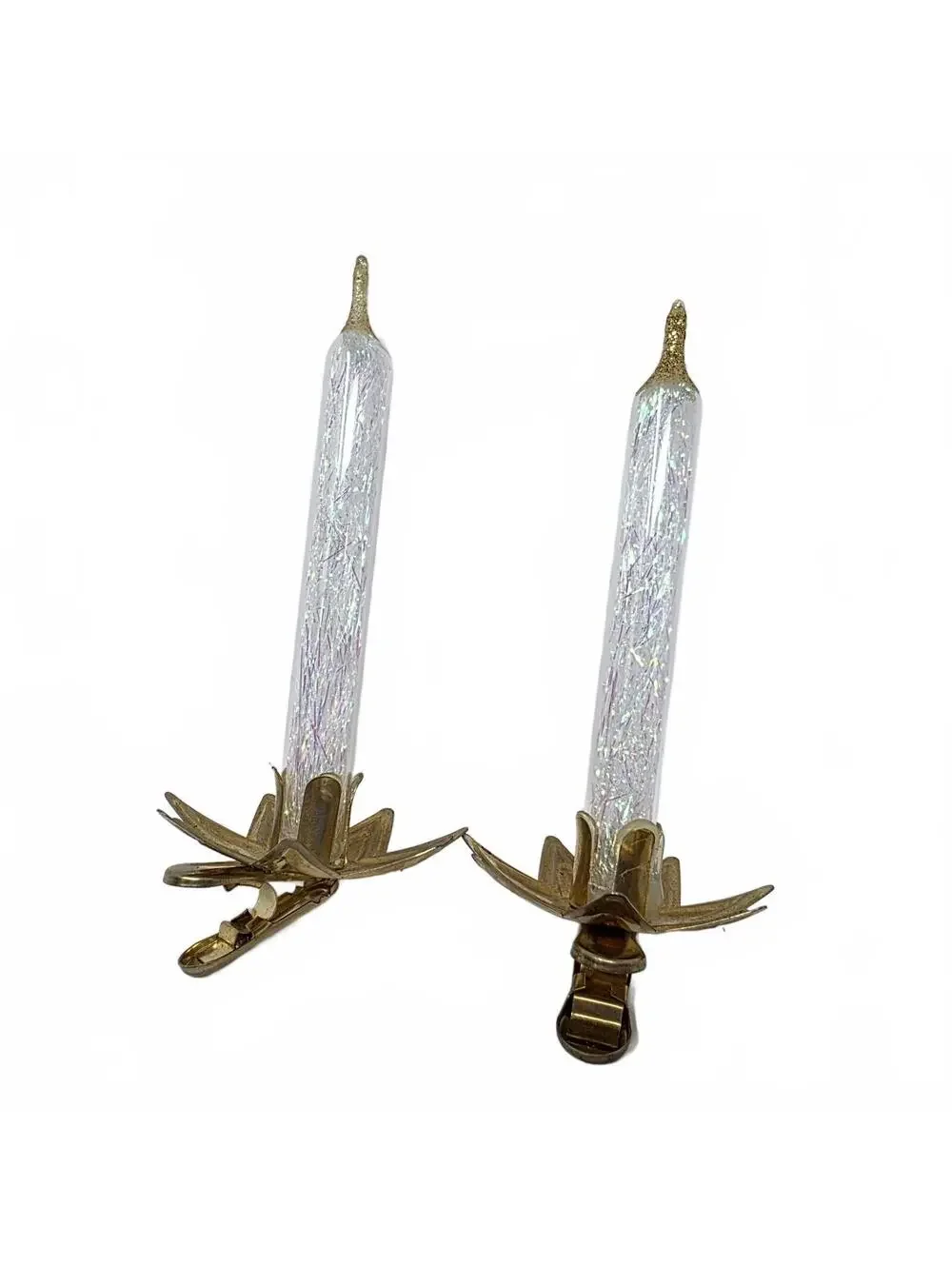 Pair Vintage Italy Glass Tinsel Clip-On Candle Christmas Ornaments 4.5 Inch
